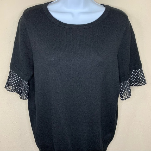 M Black Polka Dot Ruffle Short Sleeve Cardigan Sweater Stretch Medium - Picture 3 of 6